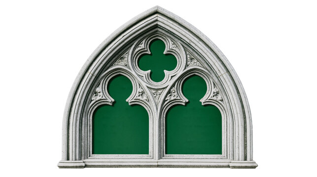 Ornate gothic stone window frame with green inserts, isolated on transparent background
