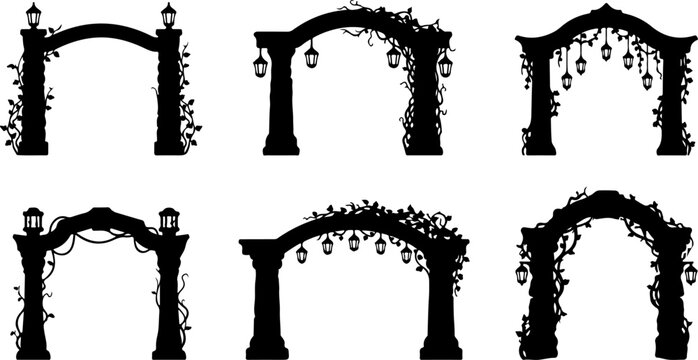 Set of silhouette garden archways with lanterns and climbing vines vector illustration