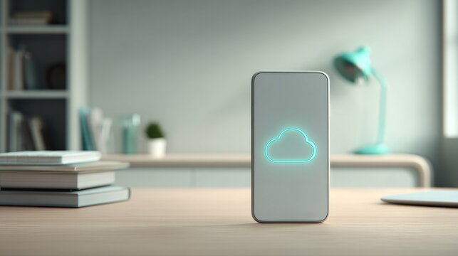Cloud icon on modern mobile device standing on clean desk in quiet home office, conveying digital storage, connectivity, and calm technology