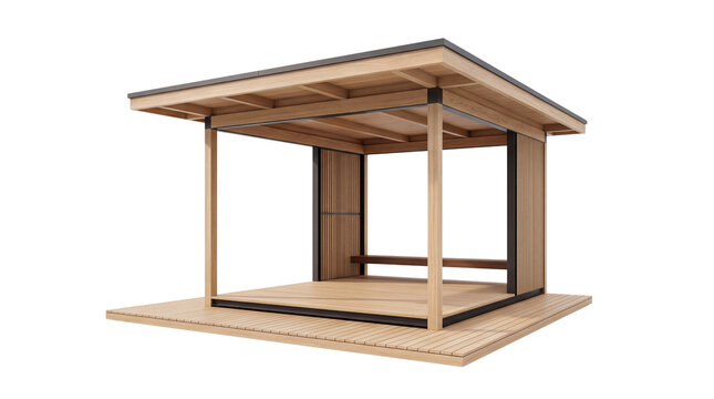 Modern wooden gazebo with flat roof, minimalist garden pavilion structure, contemporary timber pergola for outdoor living and backyard relaxation isolated PNG with Transparent Background