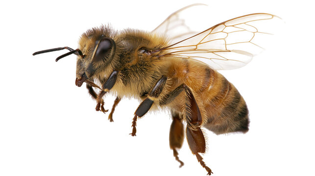 Fuzzy honey bee with transparent wings in flight, isolated on transparent background