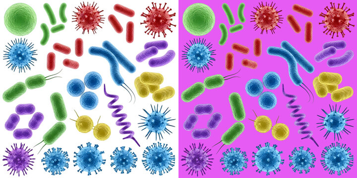 Various colorful bacteria and virus microorganisms digital
