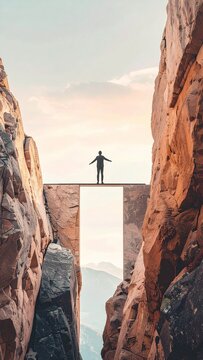 A surreal conceptual image of a silhouette standing on a narrow bridge between massive stone cliffs, evoking courage and ambition. A breathtaking journey of overcoming challenges. Nobody present.