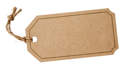 Blank kraft paper gift tag with jute twine, isolated on transparent background © studiox