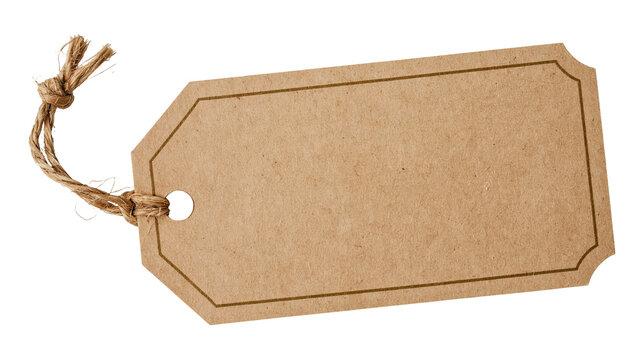 Blank kraft paper gift tag with jute twine, isolated on transparent background