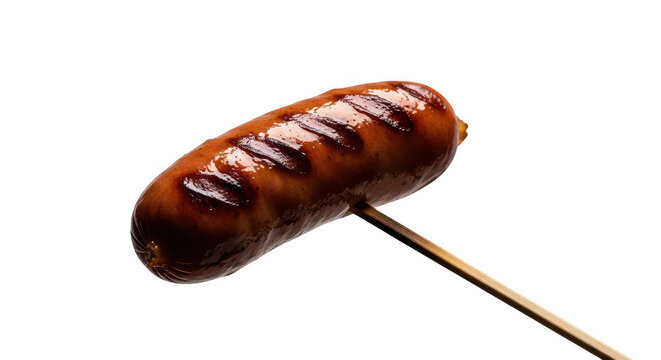 Grilled brown bratwurst sausage on a wooden skewer stick cooked food item.