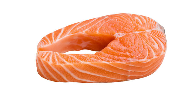 Fresh raw salmon steak with white fat lines, isolated on transparent background