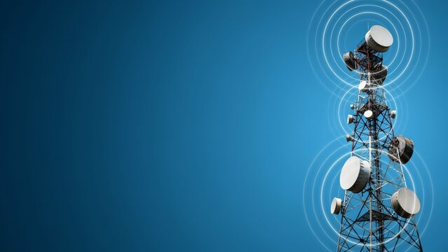 Telecommunications tower with 5G signal waves on a blue background
