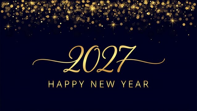 2027 Happy New Year gold text greeting card with sparkling glitter on dark blue background