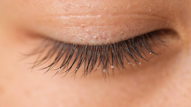 Close up of closed human eye with natural eyelashes and skin texture