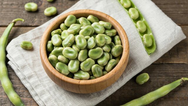 Fresh green fava beans in a wooden bowl on a rustic table with pods.
