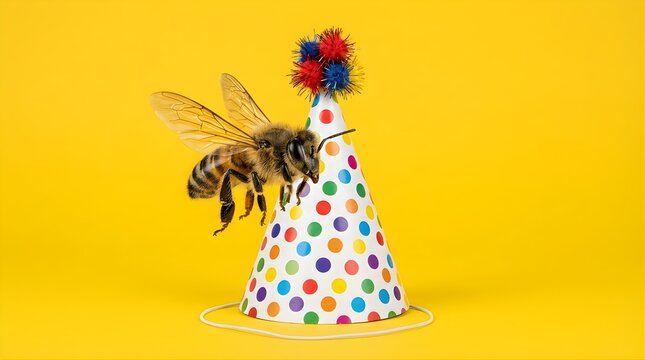 Honey bee hovering next to a colorful polka dot party hat on yellow