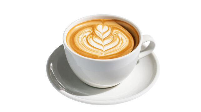 White ceramic cup with latte art coffee, isolated on transparent background
