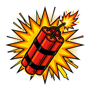 Red dynamite sticks with lit fuse on yellow explosion background cartoon comic graphic