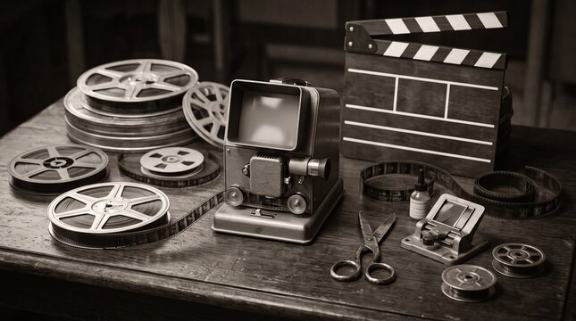 Vintage Film Editing Equipment with Reels Clapperboard and Movie Projector