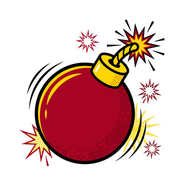 Round red bomb icon with burning fuse and exploding sparks for retro comic style action