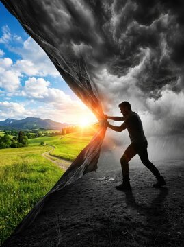 Man Pulling Back Dark Stormy Curtain to Reveal Bright Sunny Landscape Conceptual Image of Hope and Positive Change