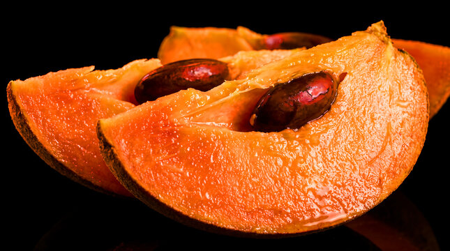 Bright orange sapote slices on a dark background, juicy and fresh