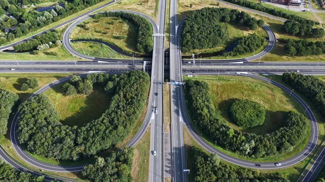 Aerial view of the cloverleaf junction in Drachten, the Netherlands