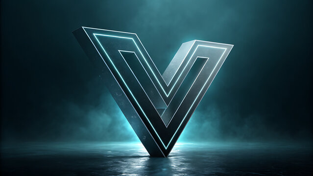 Futuristic metallic V logo with glowing neon edges on dark gradient background for branding