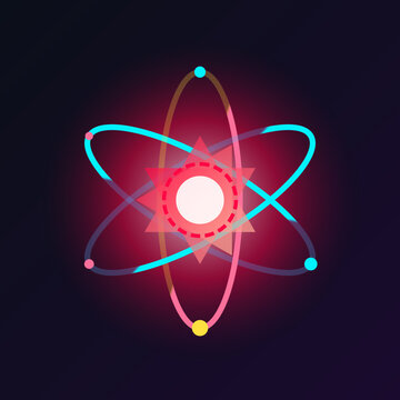 Abstract quantum energy atom core symbol with glowing central nucleus and colorful electron orbital ring paths