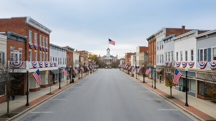 Fototapeta premium A quiet street in a historic american small town featuring brick buildings and patriotic decorations on a cloudy day