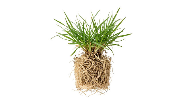 A vibrant green grass plug showcasing lush foliage and a dense interwoven square root system, perfectly illustrating healthy botanical growth for gardening designs.