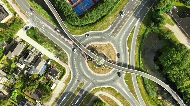 Aerial topshot of De Slinger bicycle bridge in Drachten, the Netherlands