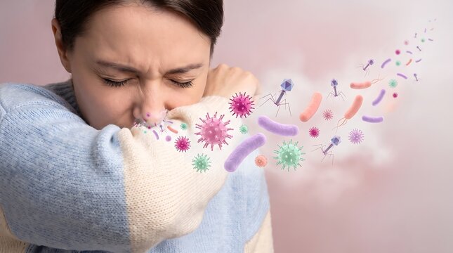 Young woman covering her mouth with her elbow while coughing and sneezing, spreading bacteria and viruses in the air