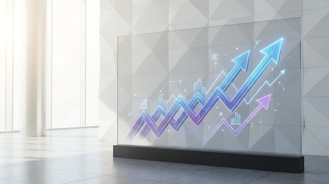 Dynamic and Conceptual Image Representing the Fluctuation and Movement of Real Estate Property Values Perhaps Through a Graph Chart or Abstract Visual with Arrows and Building Icons Symbolizing