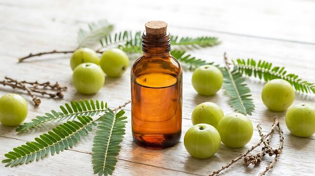 Amber glass bottle of organic amla oil surrounded by fresh green gooseberry fruits and leaves on wood. amla oil