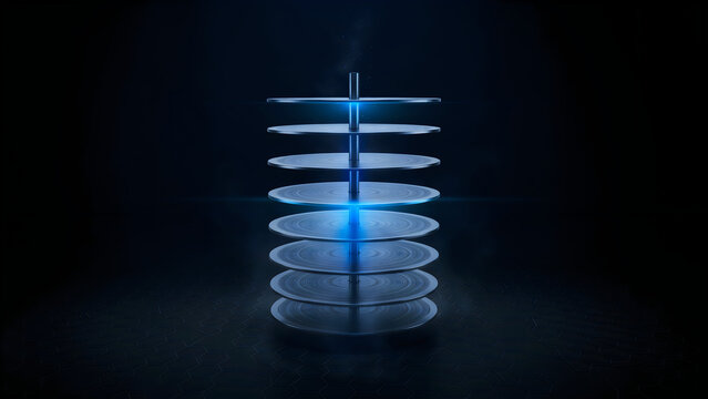 Tiered server with glowing blue light against a deep blue gradient