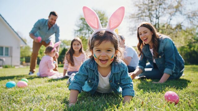 Little girl wearing bunny ears crawling on grass during easter egg hunt