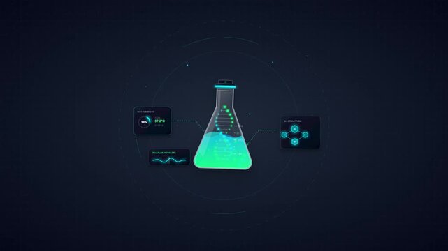 Futuristic Laboratory Flask with Digital DNA Analysis and Holographic Data