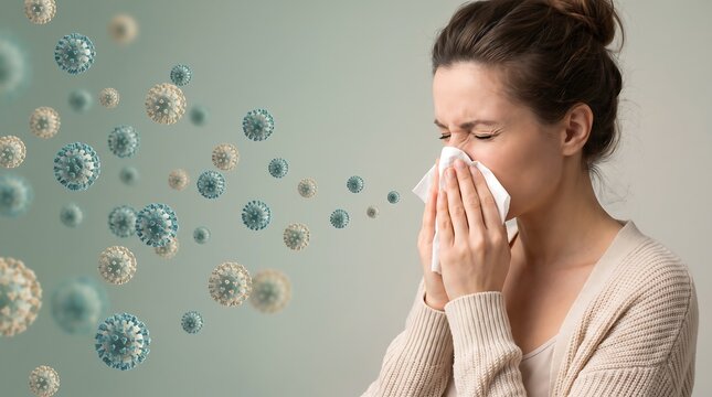 A Sick Woman Sneezing into a Tissue Surrounded by Spreading Viral Particles Representing Respiratory Illness and Seasonal Cold Infection Concepts