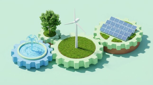 Sustainable energy concept with gears, water fountain, tree, wind turbine, and solar panels.