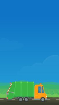 Animated garbage truck driving on a country road representing municipal waste management, recycling, and environmental sanitation. (loopable)