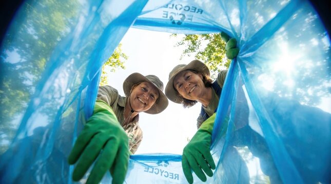 Two smiling volunteers in bucket hats and gloves reaching into large blue recycling bag outdoors nature park scene.