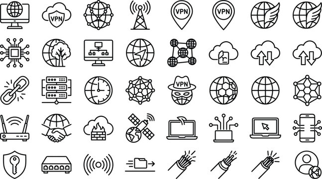 Global Network and VPN Security Line Icon Set with Cyber Data Protection, Cloud Hosting, and Internet Privacy Symbols for Technology Web Layouts