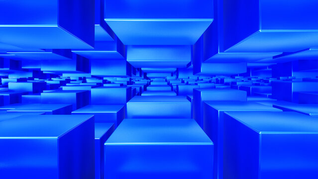 Futuristic blue 3D geometric blocks creating a glowing abstract technology background with depth and perspective.