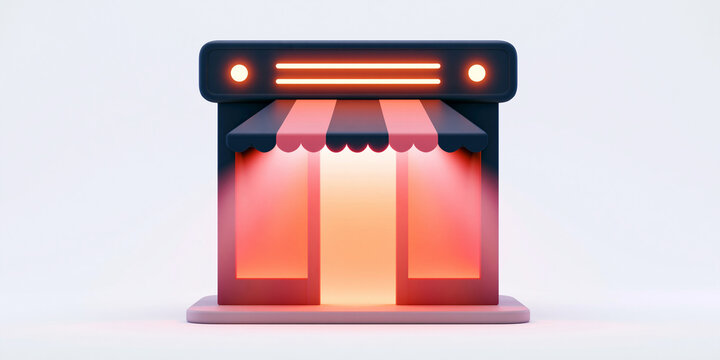3D render of a storefront entrance with glowing sale signage  