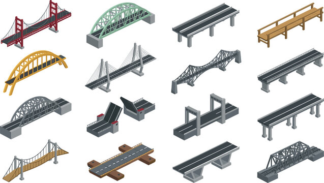 Large Collection of Isometric Bridge Architecture Vector Icon Set Featuring Suspension Cable Stayed Drawbridge Overpass and Truss Infrastructure Designs