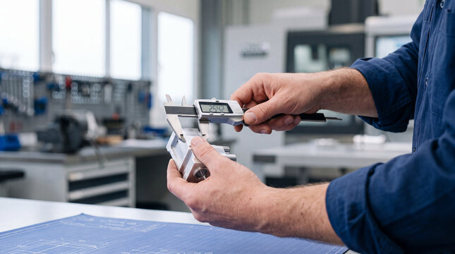 Engineer measuring metal part with digital caliper in workshop over blueprint for precision manufacturing