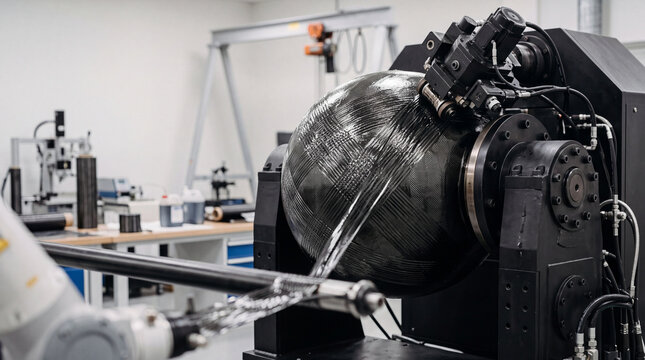 Filament winding onto a spherical shape carbon fiber mold in the industrial laboratory
