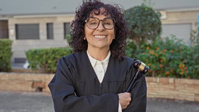 Woman judge in robe holds gavel across chest outside courthouse building, smiling with glasses and folded arms; steady confidence.