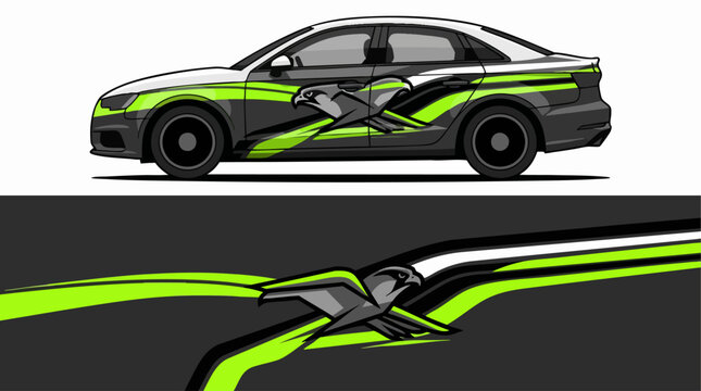 Gray car with green eagle decal wrap design