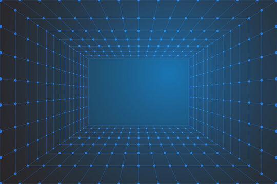 Abstract digital tunnel with blue glowing dots and lines forming a perspective grid structure