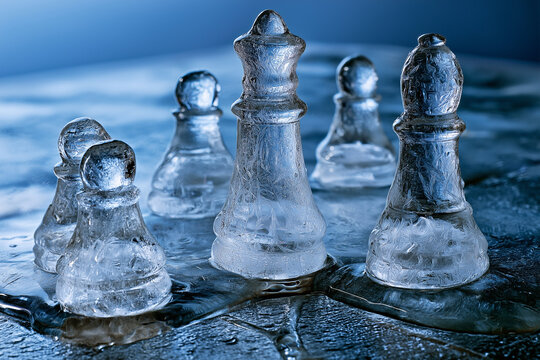 Chess pieces made of melting ice standing on frozen chessboard, cold blue tones, conceptual fragility and transformation