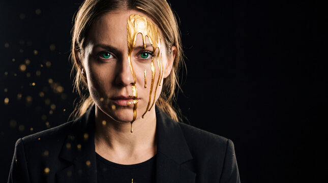 Dramatic portrait of business woman with gold paint dripping down her face and intense green eyes