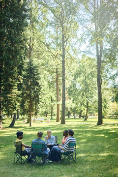 Vertical image of diverse group of adults sitting in circle on folding chairs during outdoor psychotherapy session in park, promoting mental health and community support services